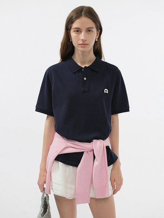 UNISEX LEATHER LOGO POLO SHIRT NAVY_UDTS5B122N2