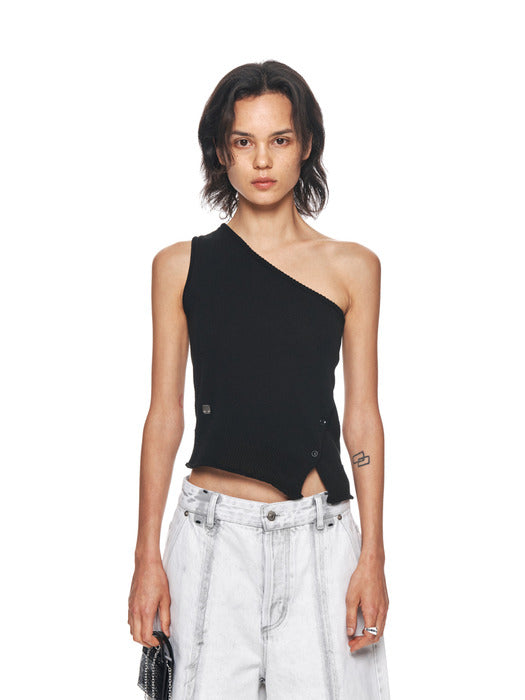 SIDE BUTTON ONE SHOULDER KNIT TOP IN BLACK