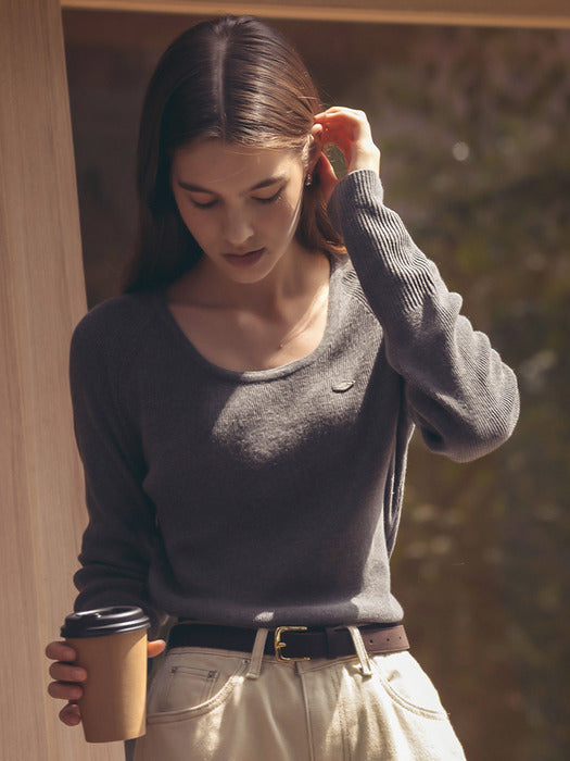 U-neck ribbed raglan knit_Gray