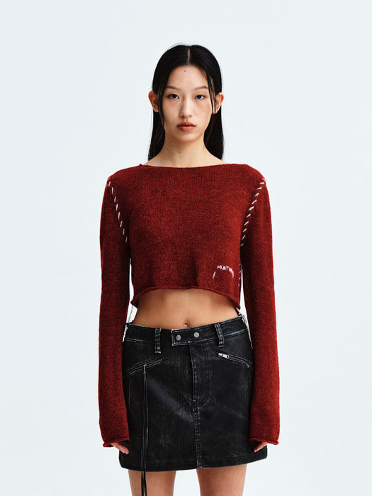 SLIMFIT SEE THROUGH STITCH KNIT TOP IN BURGUNDY