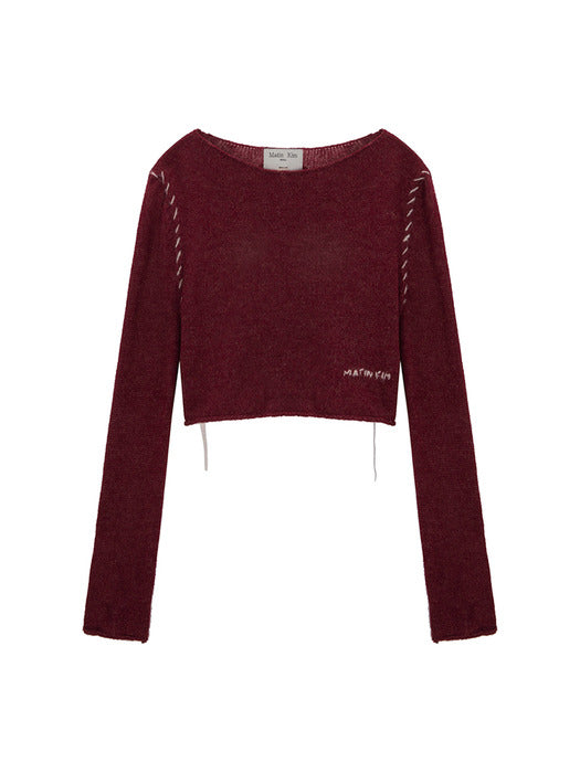 SLIMFIT SEE THROUGH STITCH KNIT TOP IN BURGUNDY