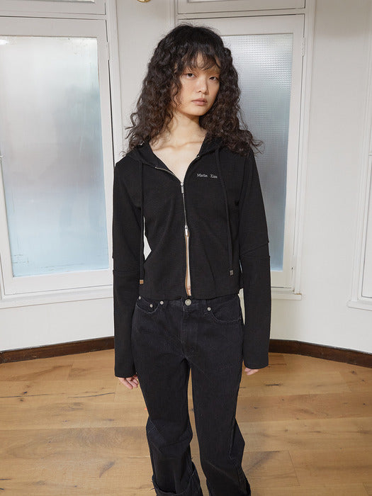 SLEEVE SLIT POINT HOODY ZIP UP IN BLACK