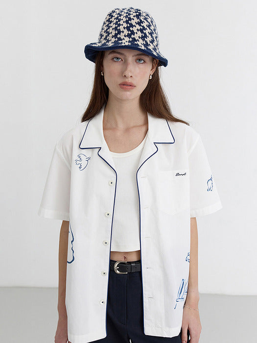 UNISEX HAND-DRAWING OPEN COLLAR SHIRT OCEAN BLUE_UDSH5B129B2