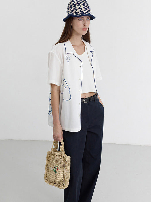 UNISEX HAND-DRAWING OPEN COLLAR SHIRT OCEAN BLUE_UDSH5B129B2