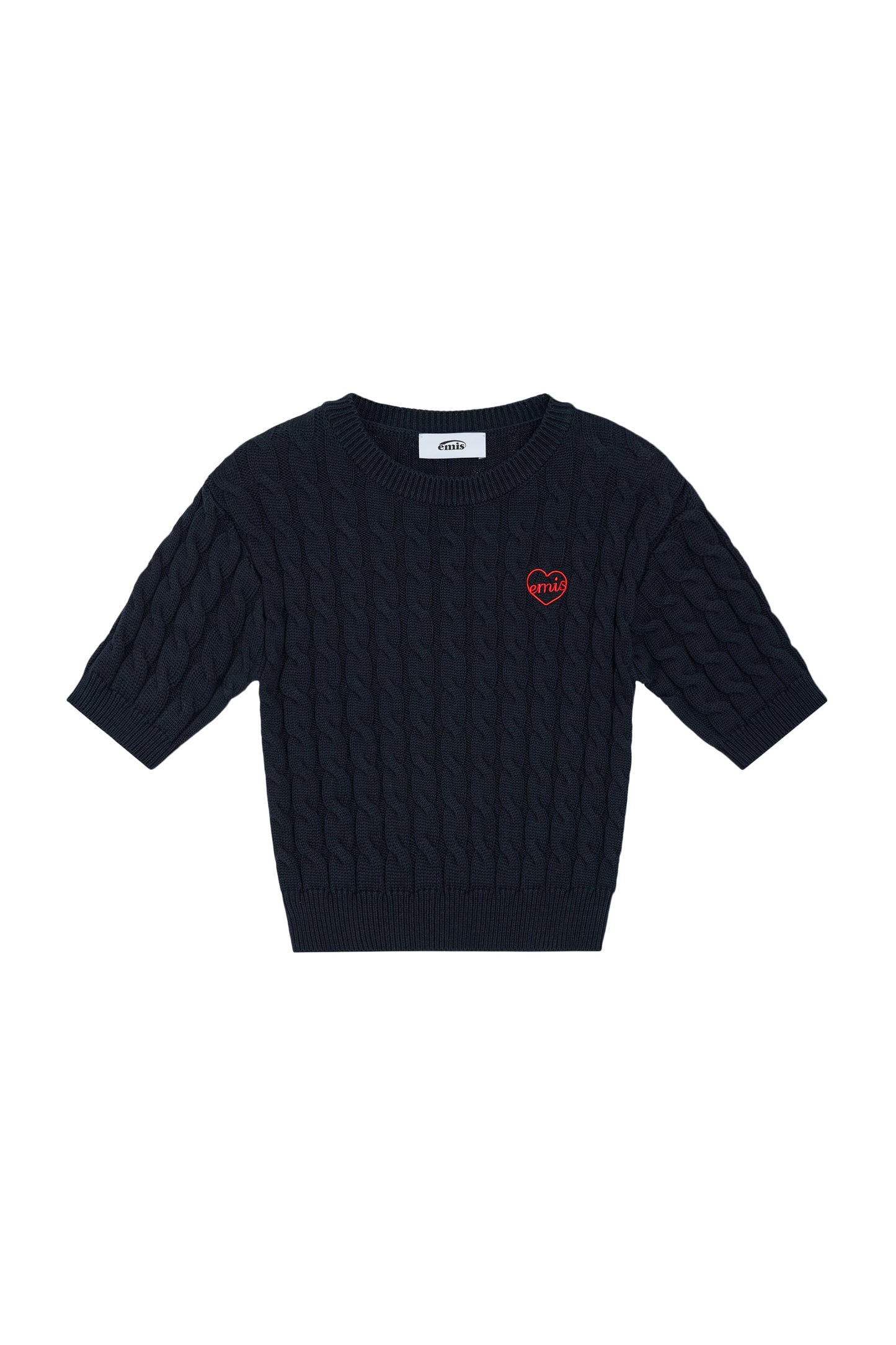 HEART CABLE CROPPED KNIT TOP-NAVY