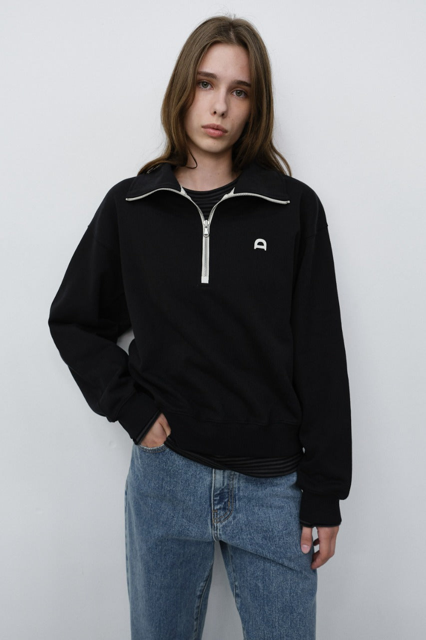 Dunst Unisex Leather Logo Half Zip-Up Sweatshirt Black