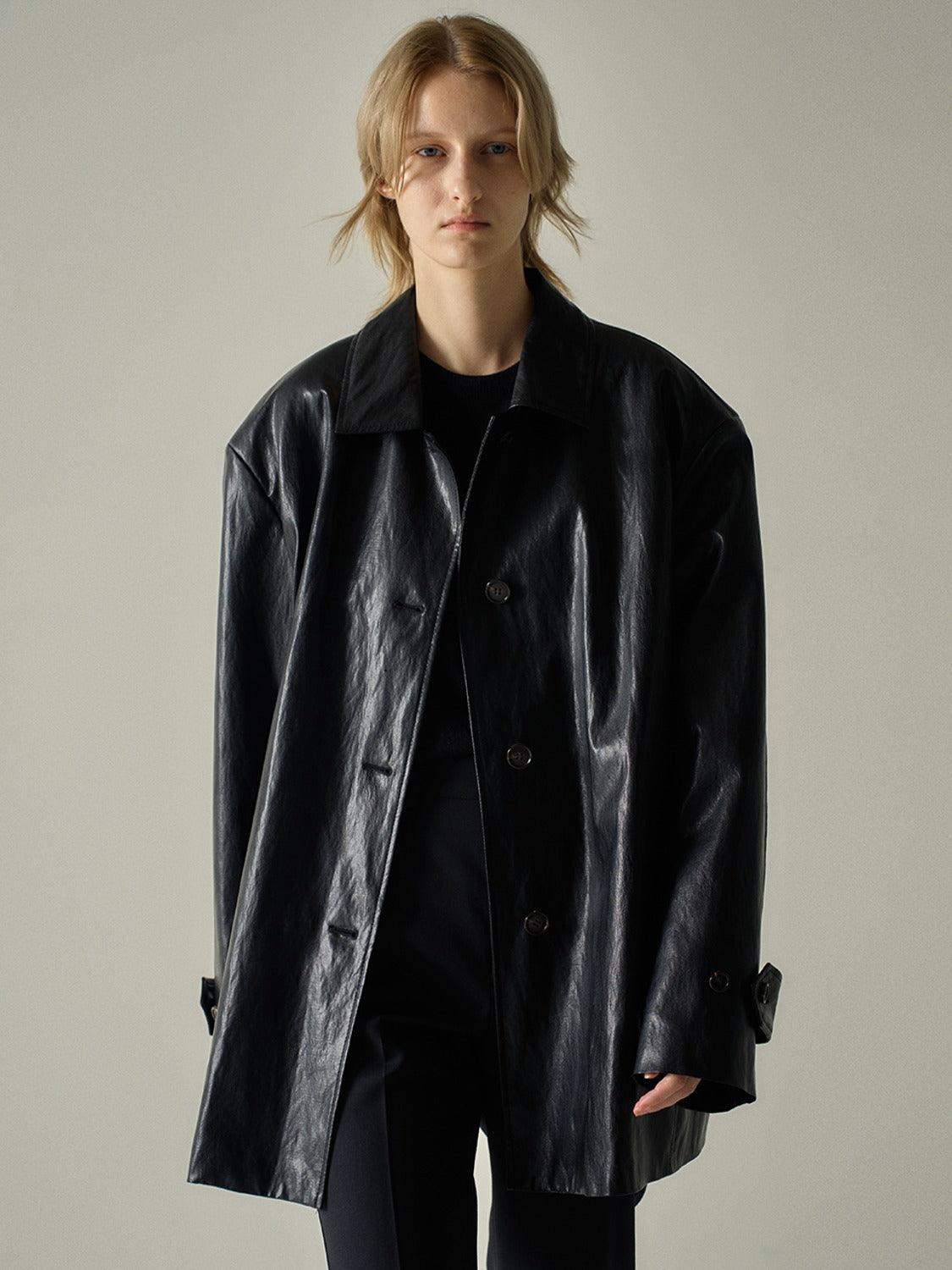 Facade Pattern Leather Half Coat black