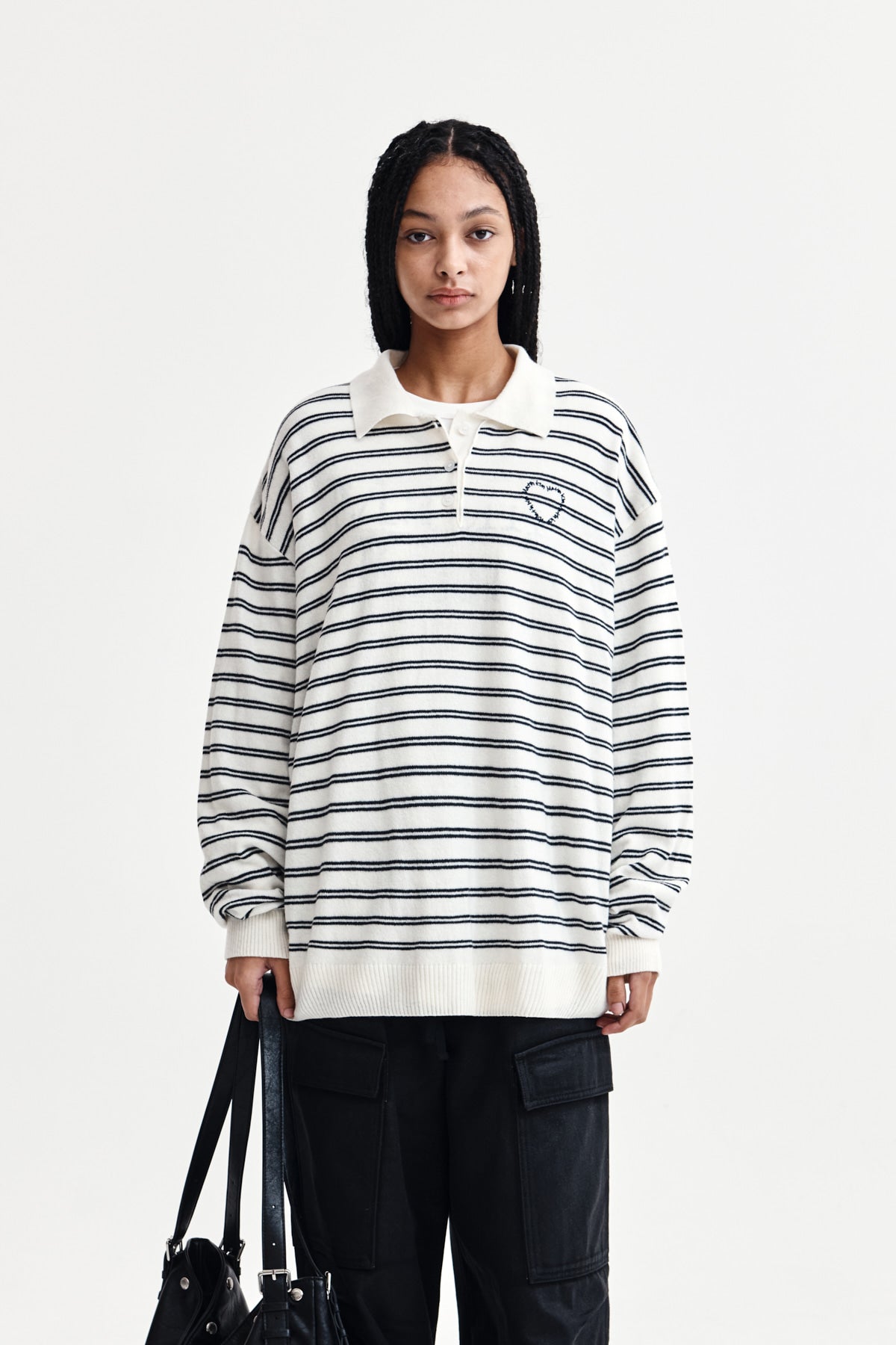 [matinkim] HEART LOGO COLLAR STRIPED PULLOVER IN IVORY