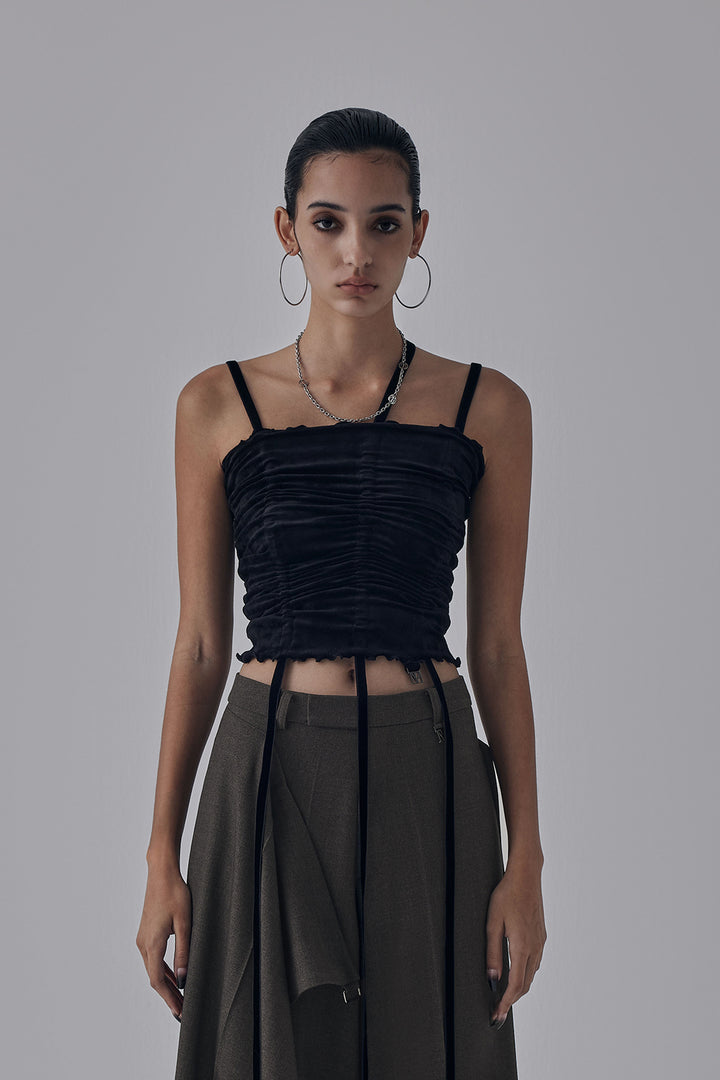 Treemingbird Velvet String Shirring Layered Top Black