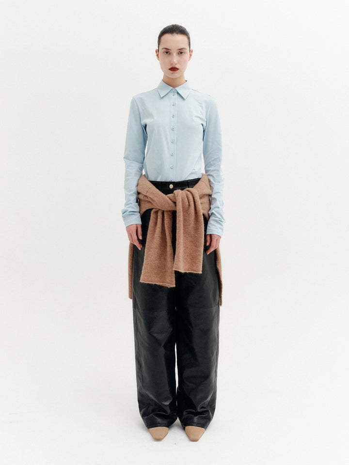 EENK Curved Relaxed Leather Pants - Black