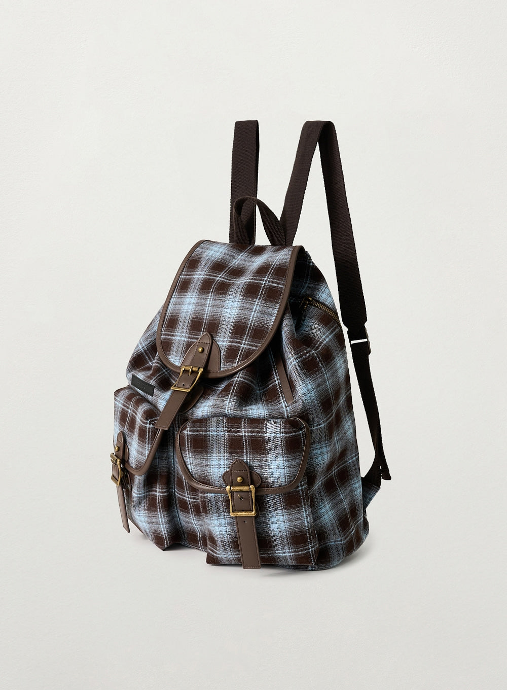 [satur] Check Pattern Pocket Bucket Backpack - Blue