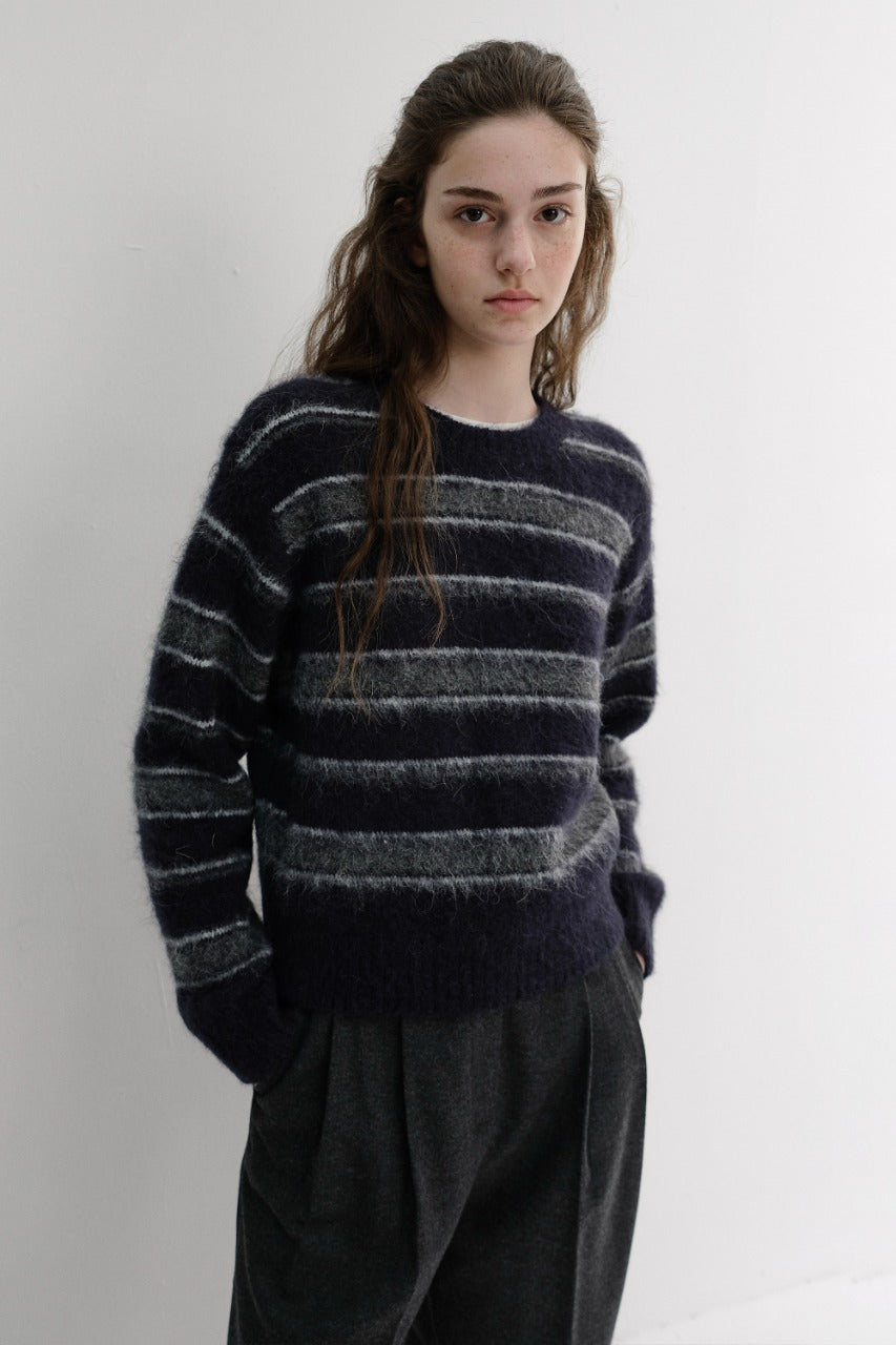 Dunst Unisex Striped Hairy Sweater Navy Grey