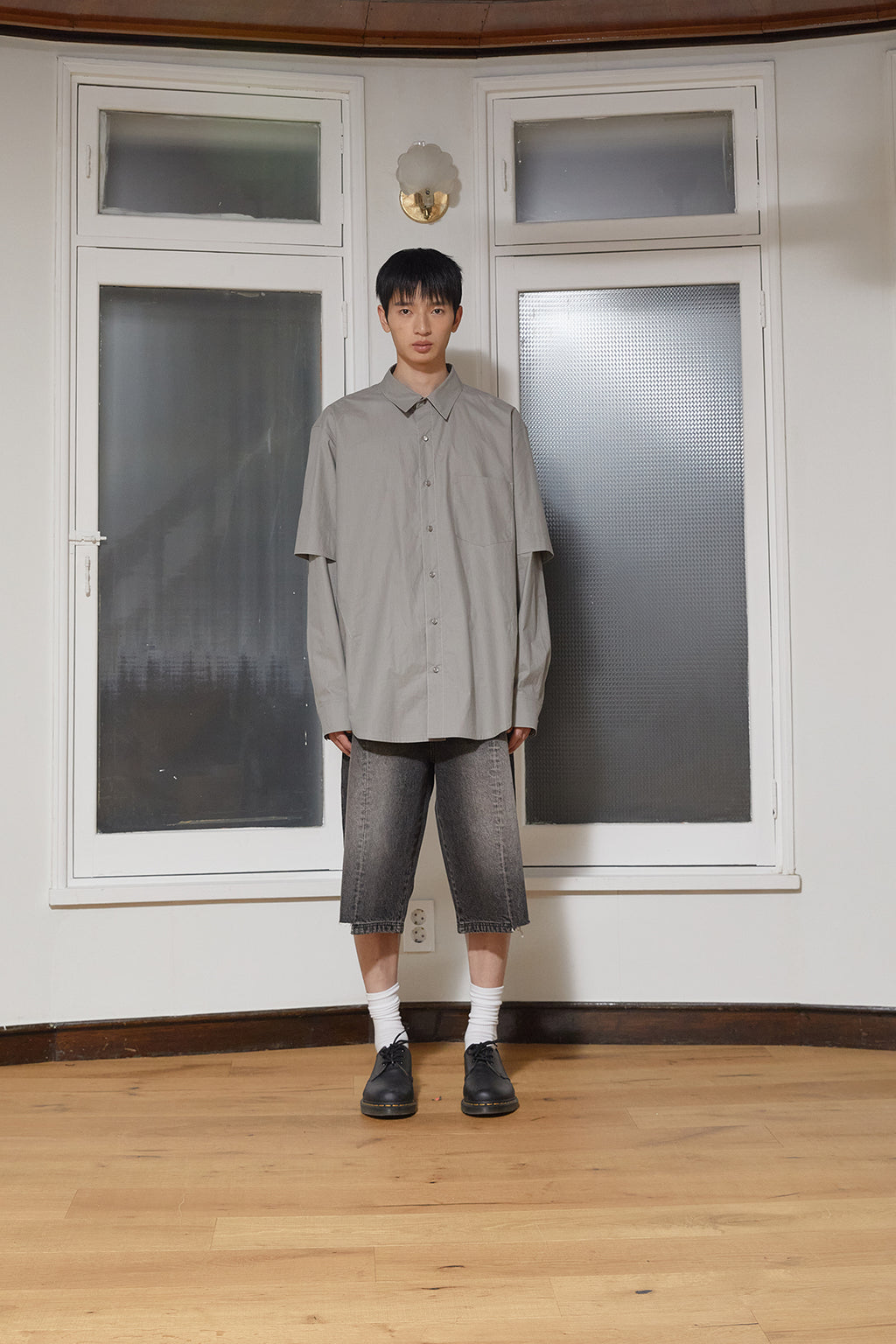 [matinkim] STITCH POINT LAYERED SHIRT FOR MEN IN KHAKI GREY