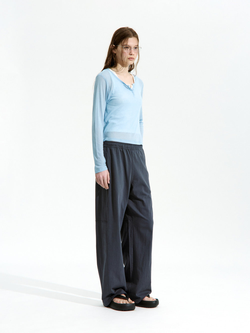 Low Classic See-Through Henry Neck Long Sleeve T-Shirt Pastel Blue