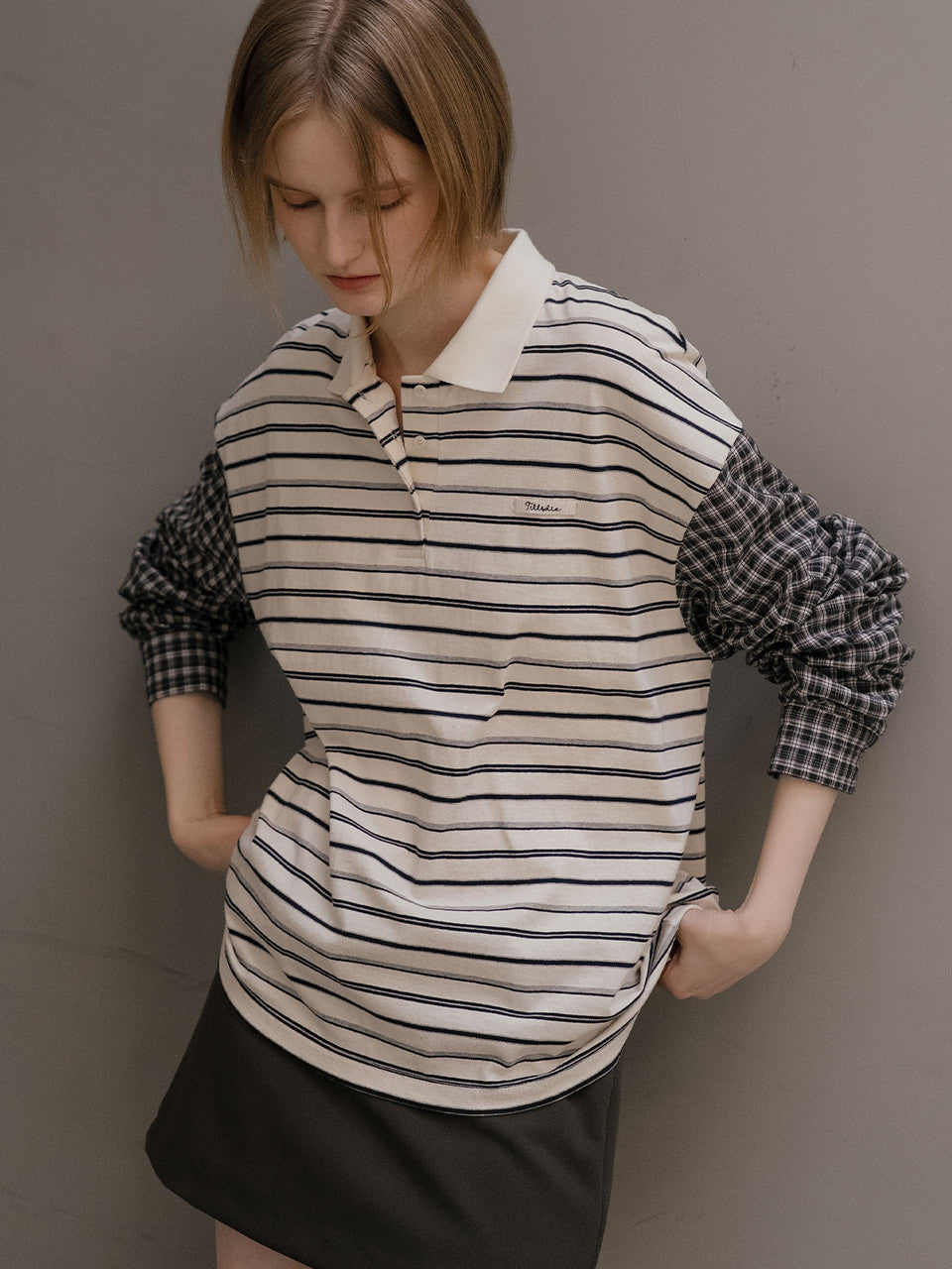 Tillidie Stripe check mix t-shirt Cream