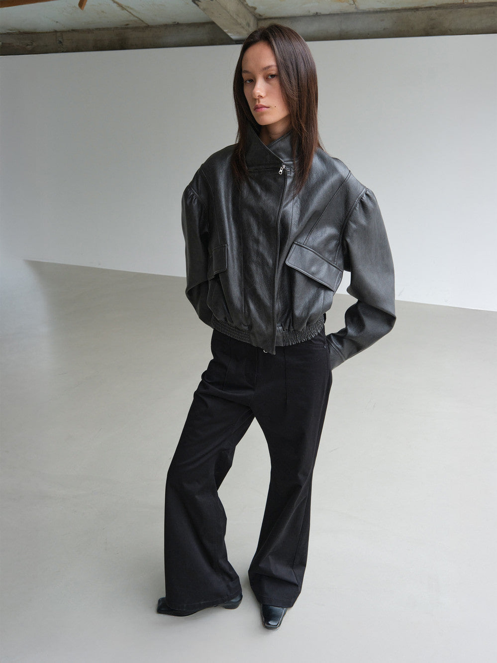 Low Classic Artificial Leather Short Jacket Charcoal