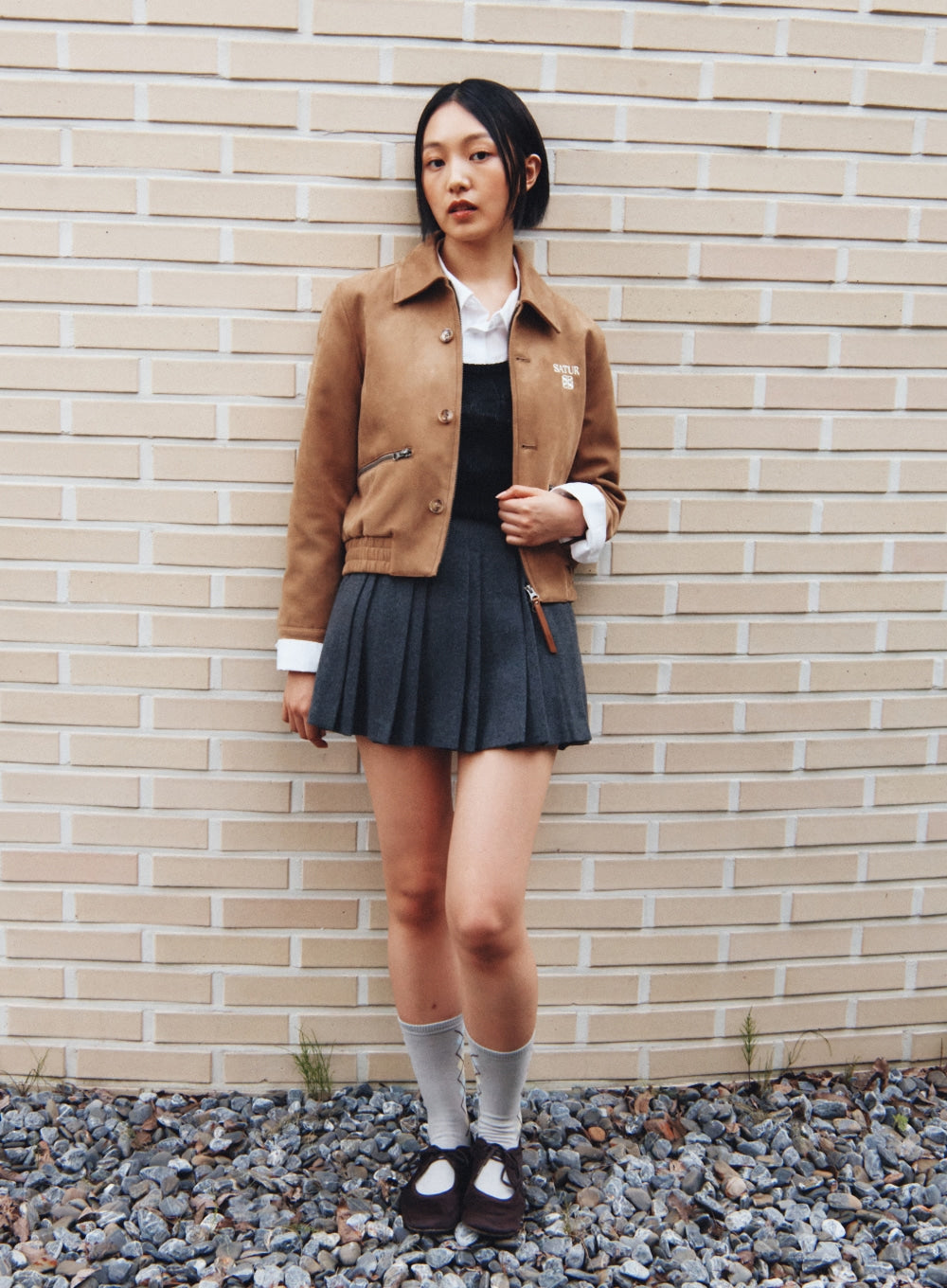 [satur] (W) Wool Blend Pleats Mini Skirt - Charcoal