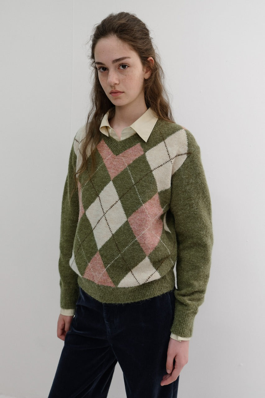 Dunst Unisex Hairy Alpaca Argyle Sweater Olive Khaki