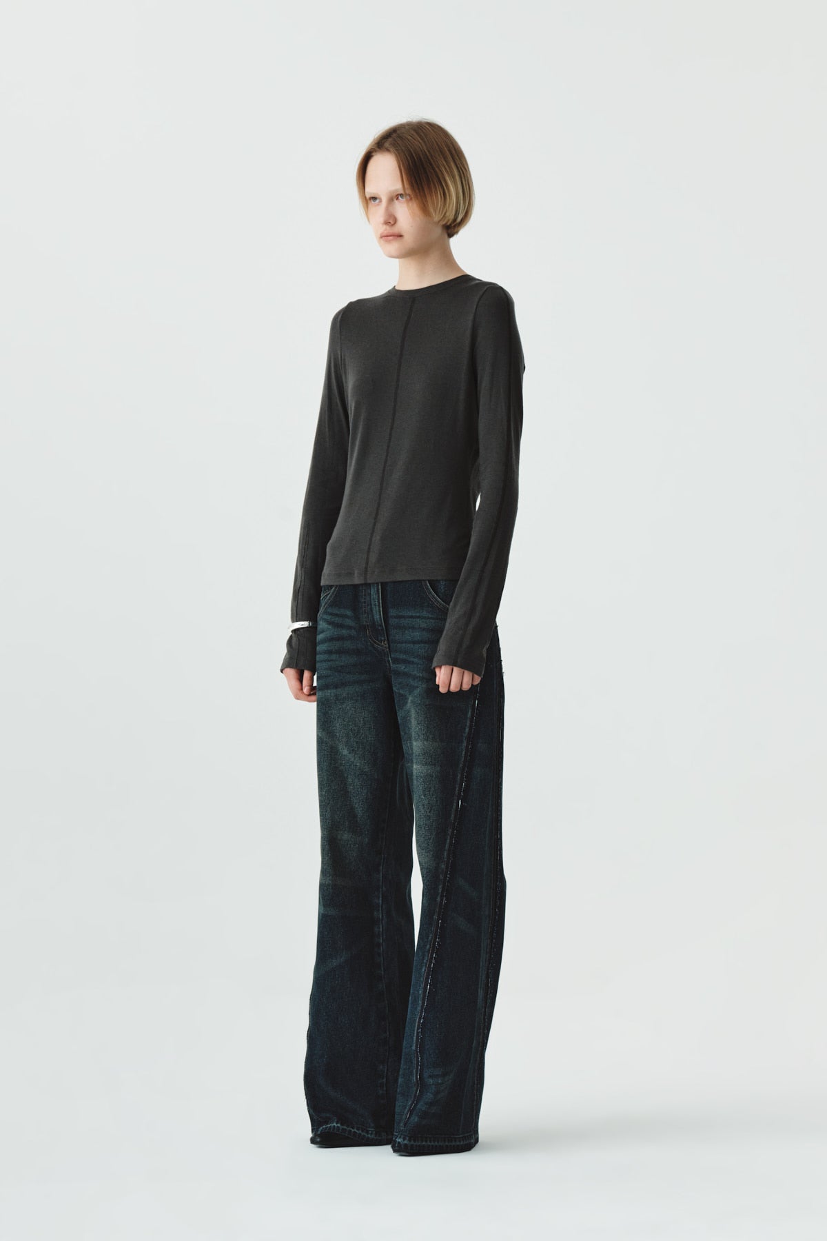 Matinkim Washed Cut Out Wide Denim Pants IN Navy
