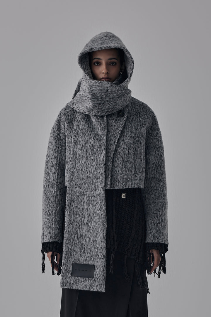Treemingbird Hairy Hoddie Muffler Set-up Crop Coat Gray