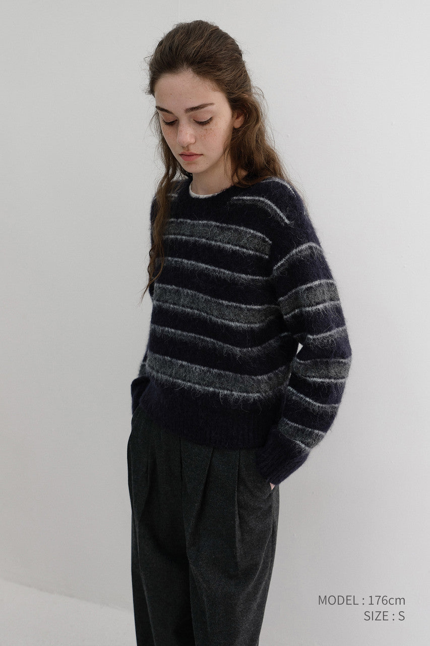 Dunst Unisex Striped Hairy Sweater Navy Grey