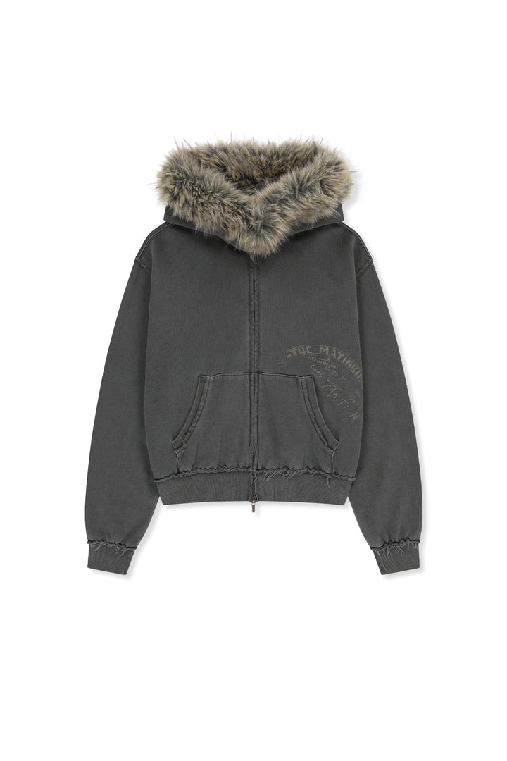 Matinkim Vintage Graffiti Fur-Trim Hoody Zip Up In Charcoal