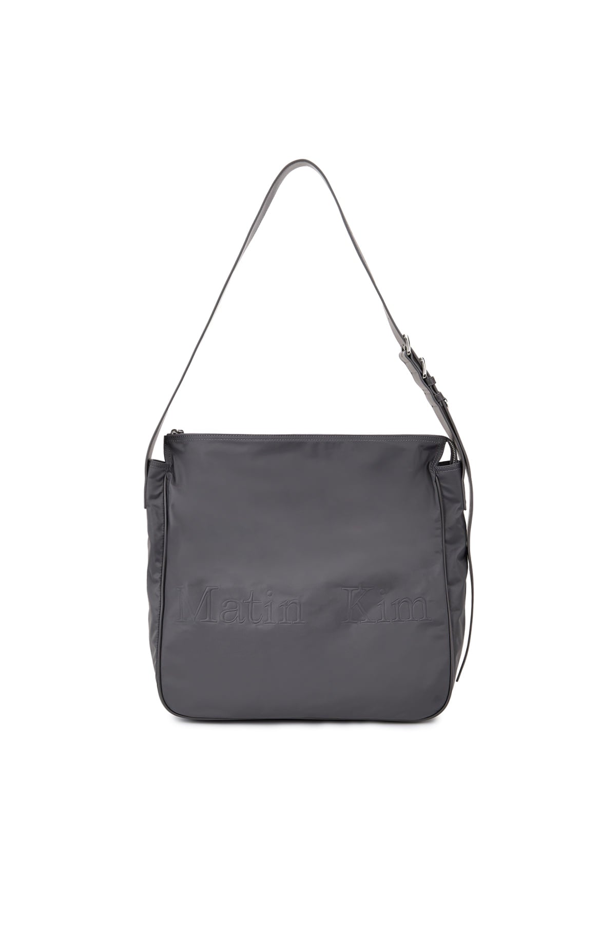 [matinkim] EMBOSSED LOGO FABRIC SHOULDER BAG IN CHARCOAL