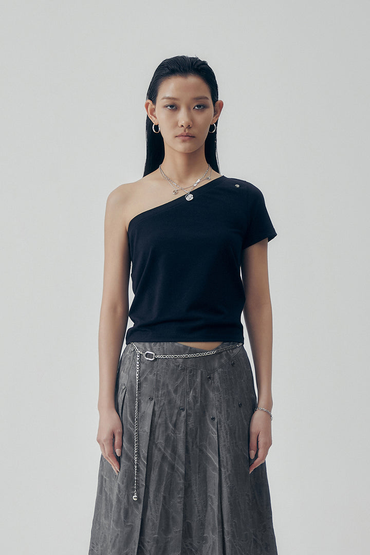 Treemingbird One-Shoulder Sleeve T-shirts Black