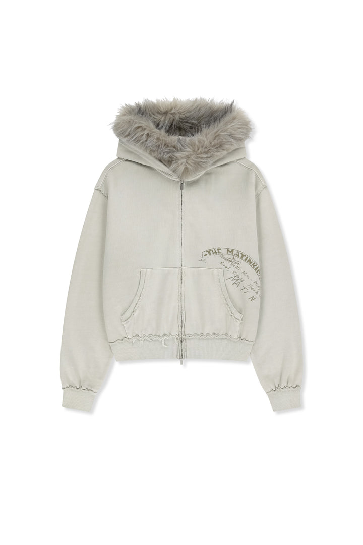 Matinkim Vintage Graffiti Fur-Trim Hoody Zip Up In Light Beige
