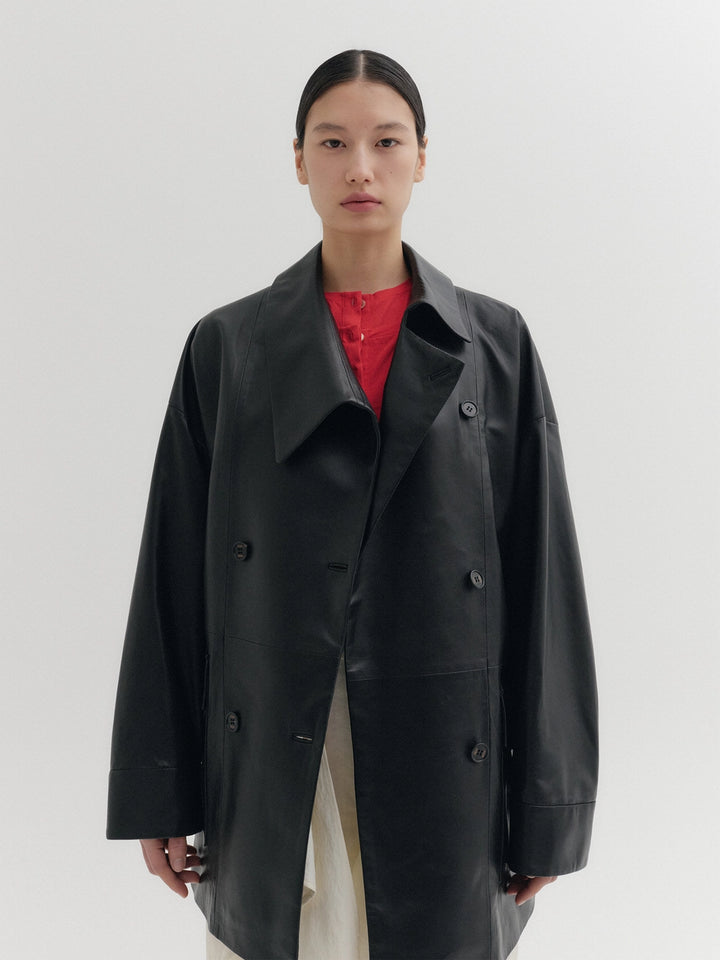 EENK Asymmetric Collar Leather Jumper - Black
