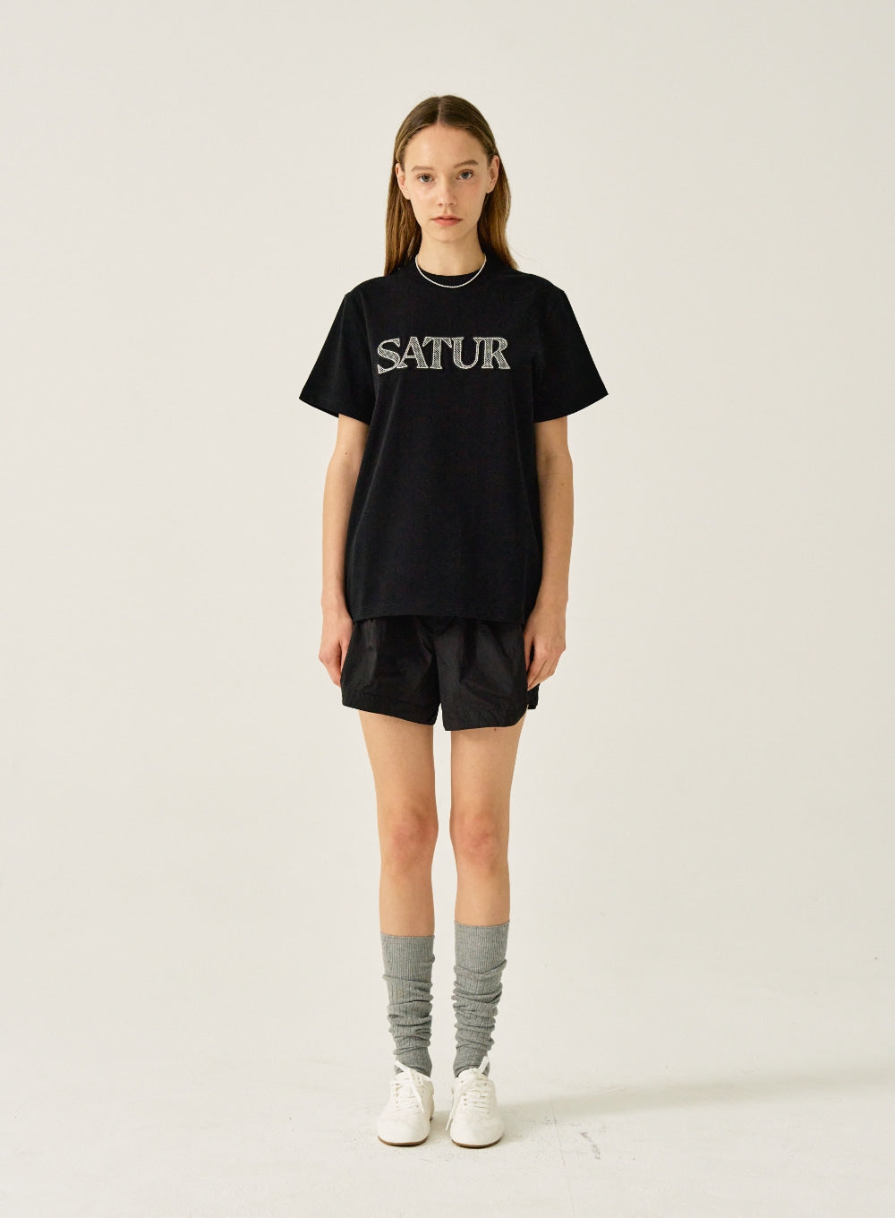 [satur] (W) Logo Cross Stitch T-Shirt - Classic Black
