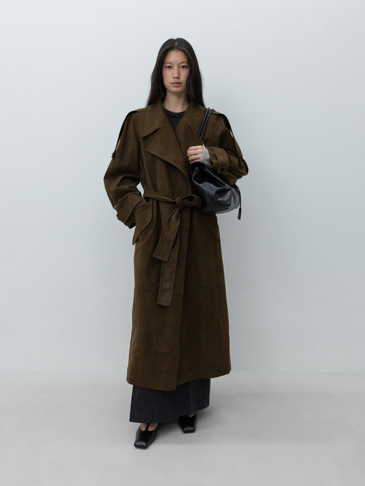 Low Classic Artificial Suede Trench Coat Khaki Brown