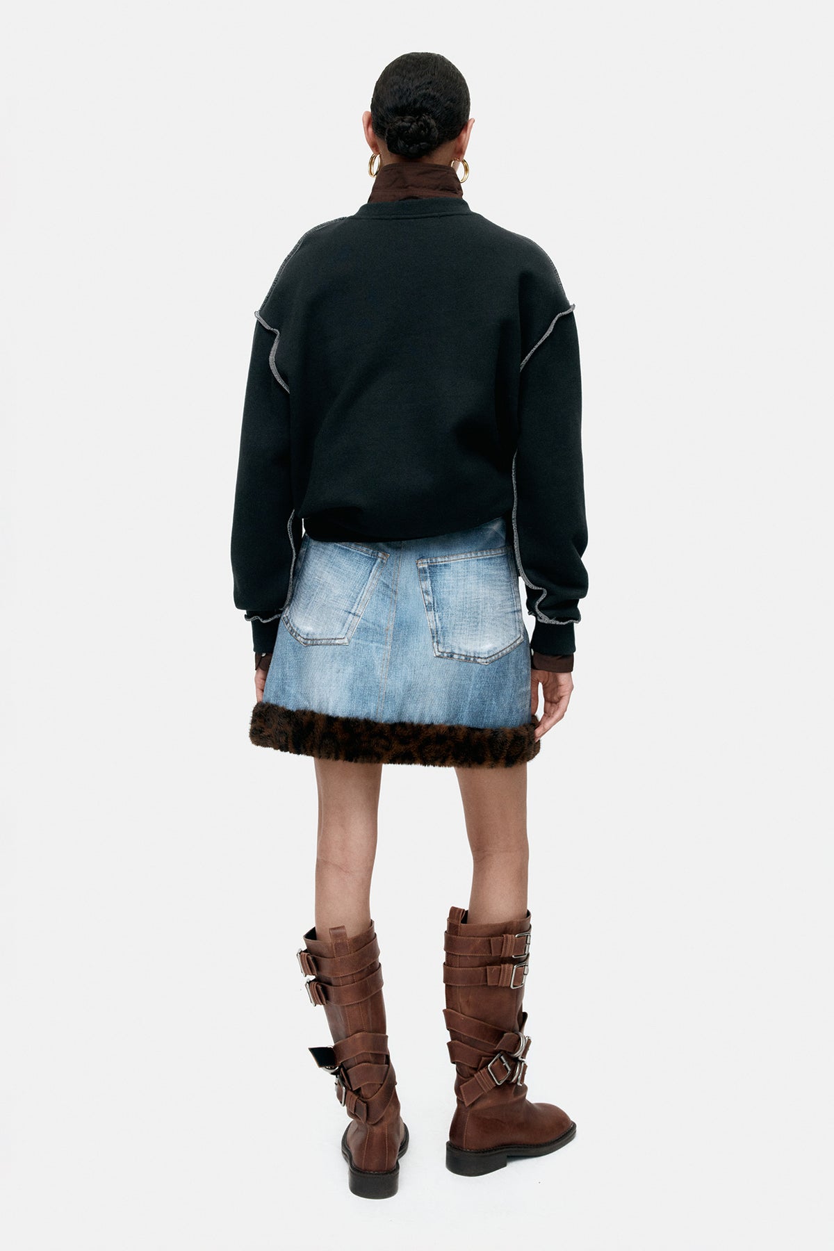 Andersson Bell Fur-Edged Denim Print Skirt