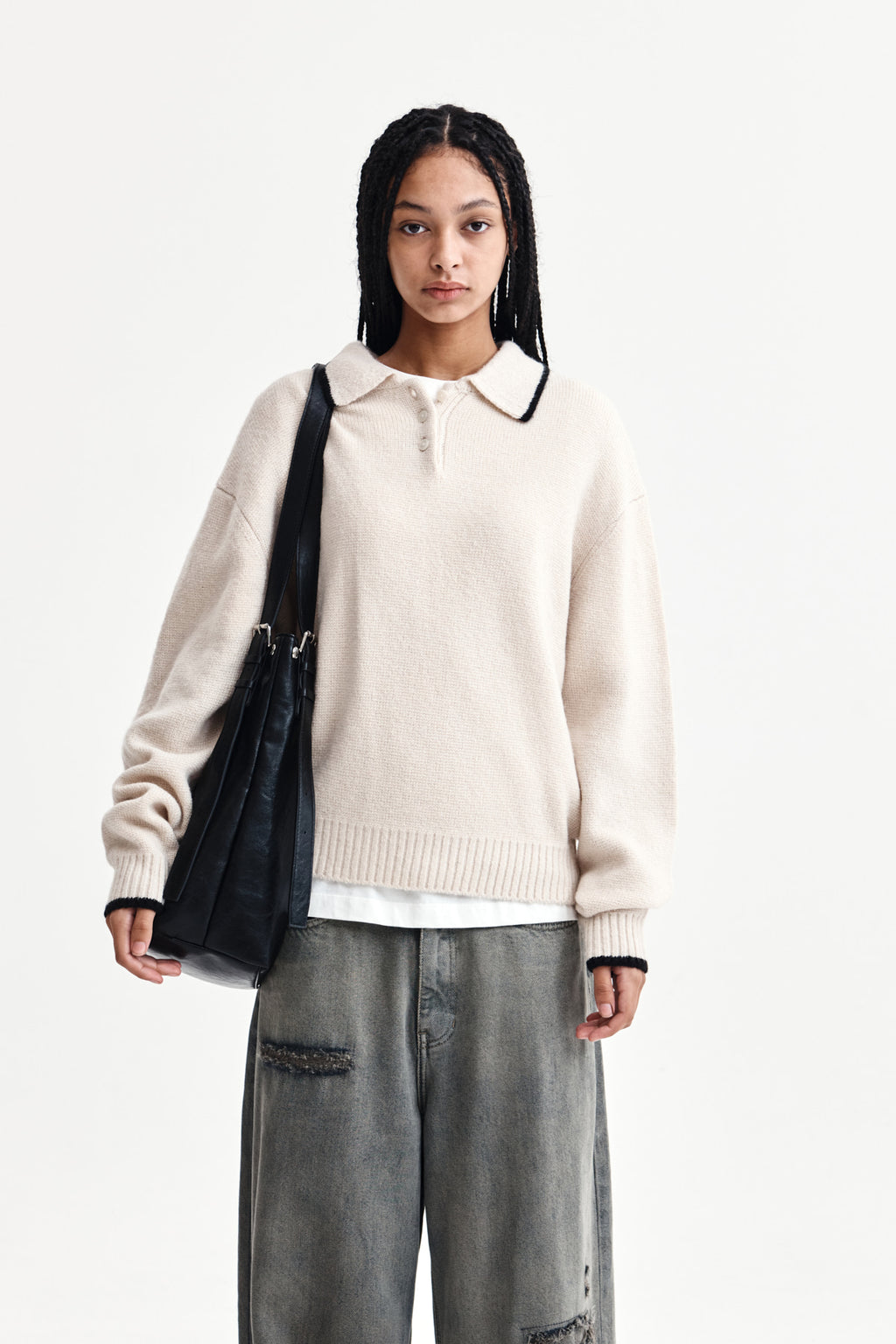 Matinkim Back Logo Collar Knit Top For Women IN Ivory