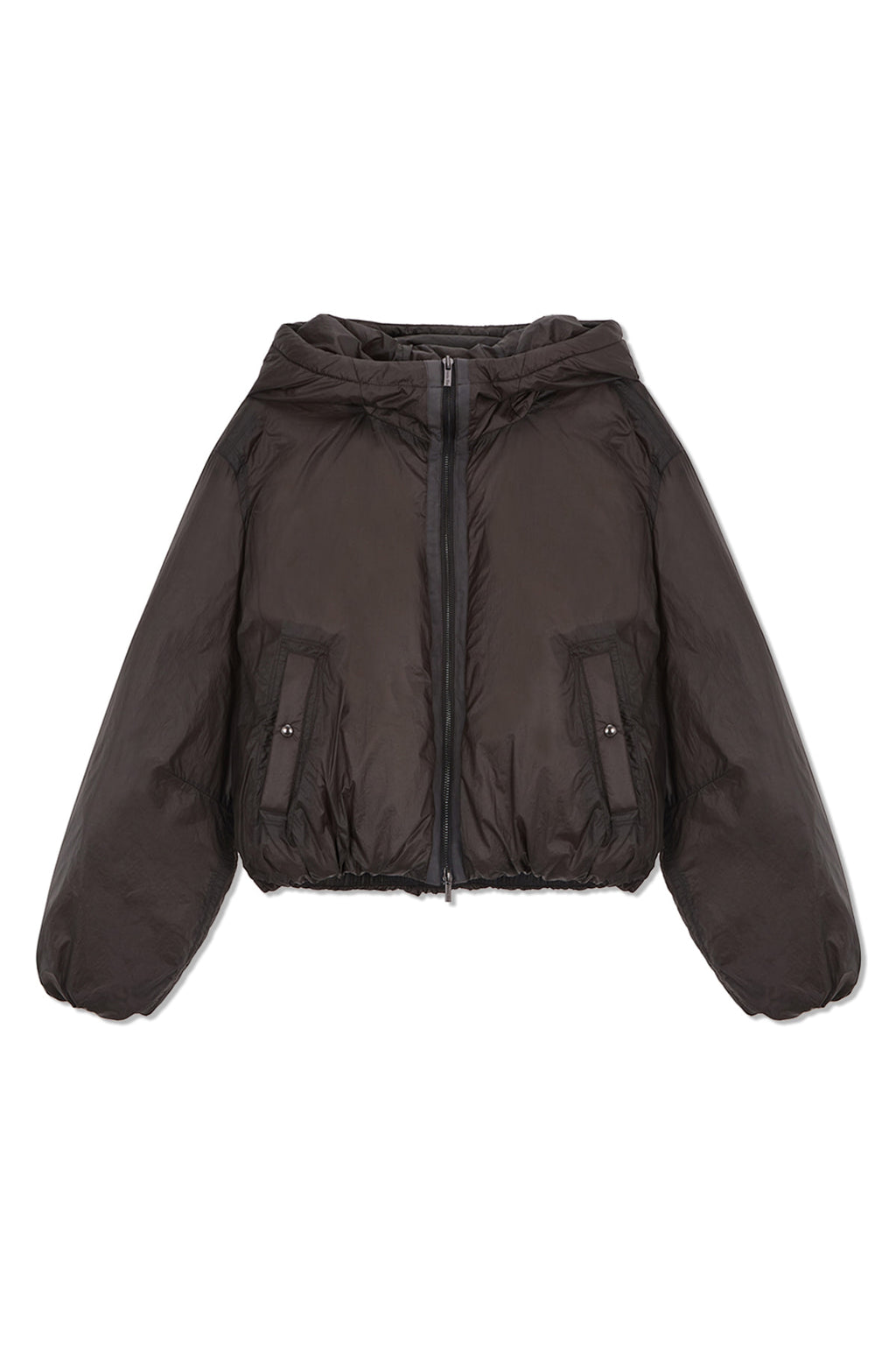 [matinkim] BACK LOGO HOODY SHORT DOWN JUMPER IN CHARCOAL