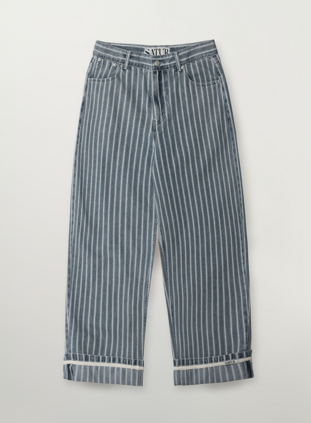 [SATUR] Stripe Denim Roll Up Pants - Blue