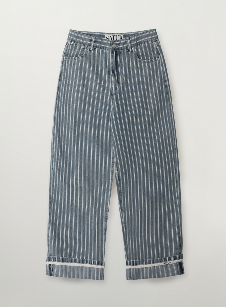Satur Stripe Denim Roll Up Pants - Blue