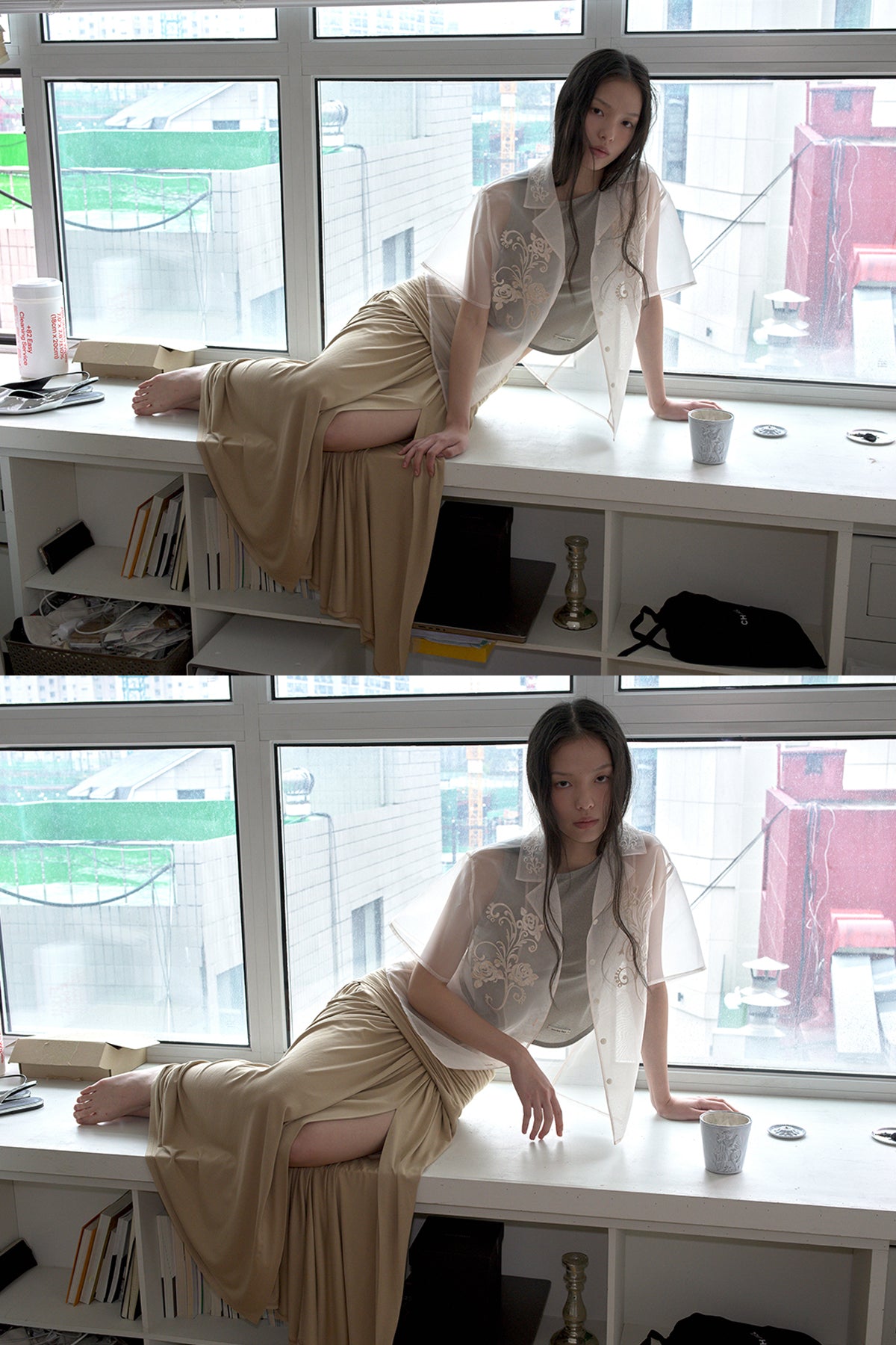 Overdueflair Embroidery Organza Shirt Cream