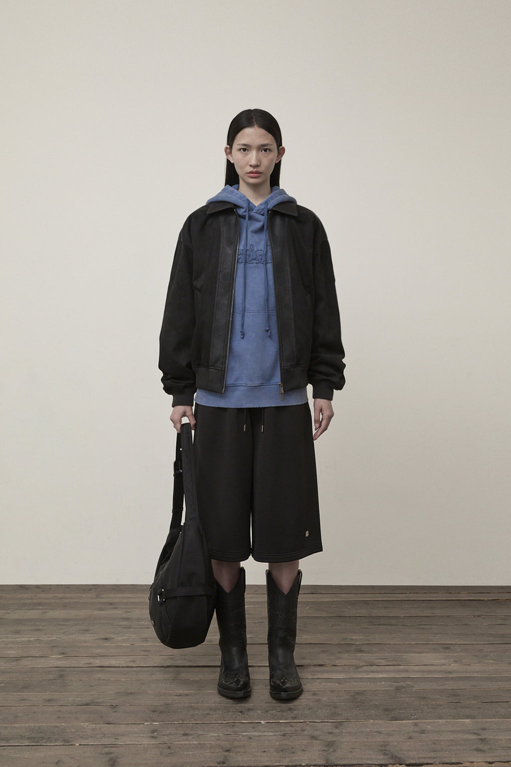 [matinkim] SUEDE MIX LEATHER ZIP UP JUMPER FOR WOMEN IN BLACK