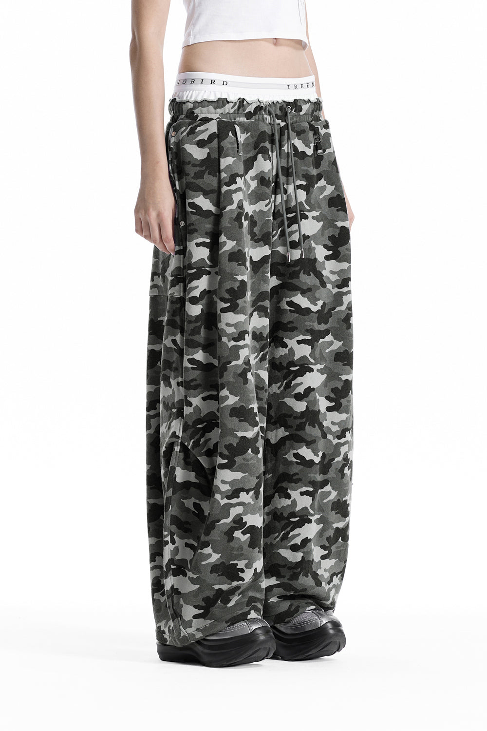Treemingbird Camo Double Waist Sagging Sweat Pants Light Gray