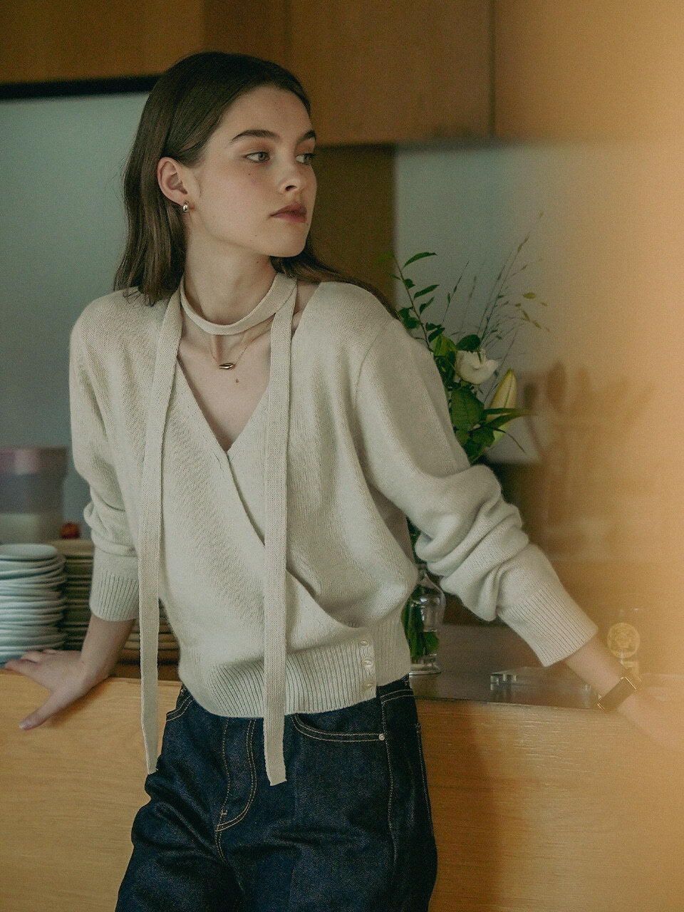 Tillidie Tie set raccoon wrap cardigan Oatmeal