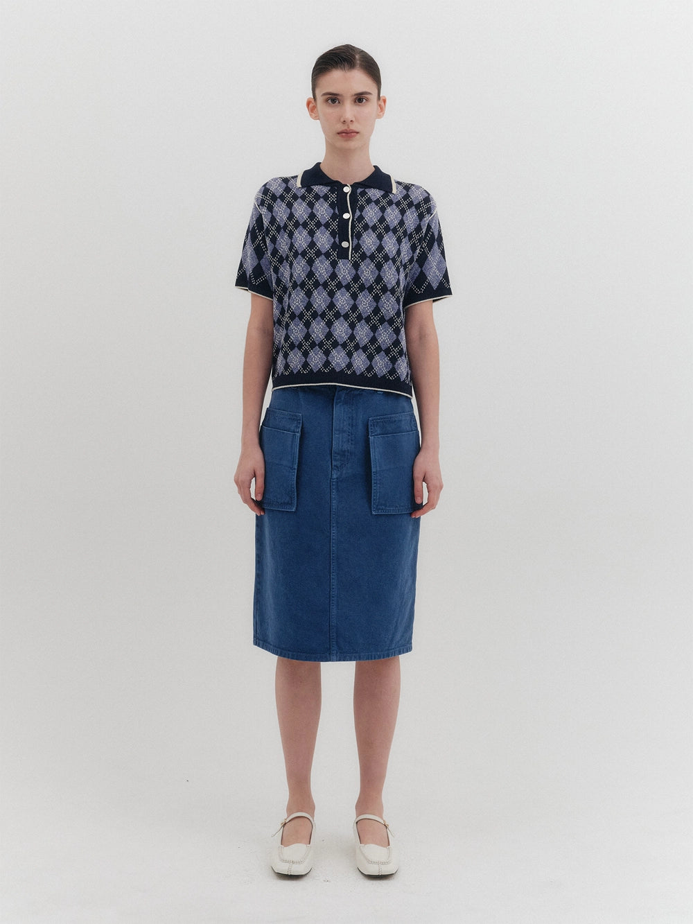 EENK Argyle Short Sleeve Knitwear Top - Navy