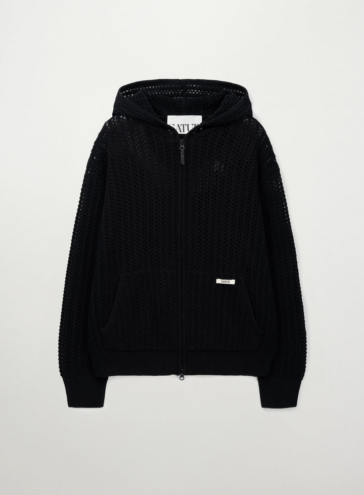 Satur Crochet Knit Hood Zip-up - Black