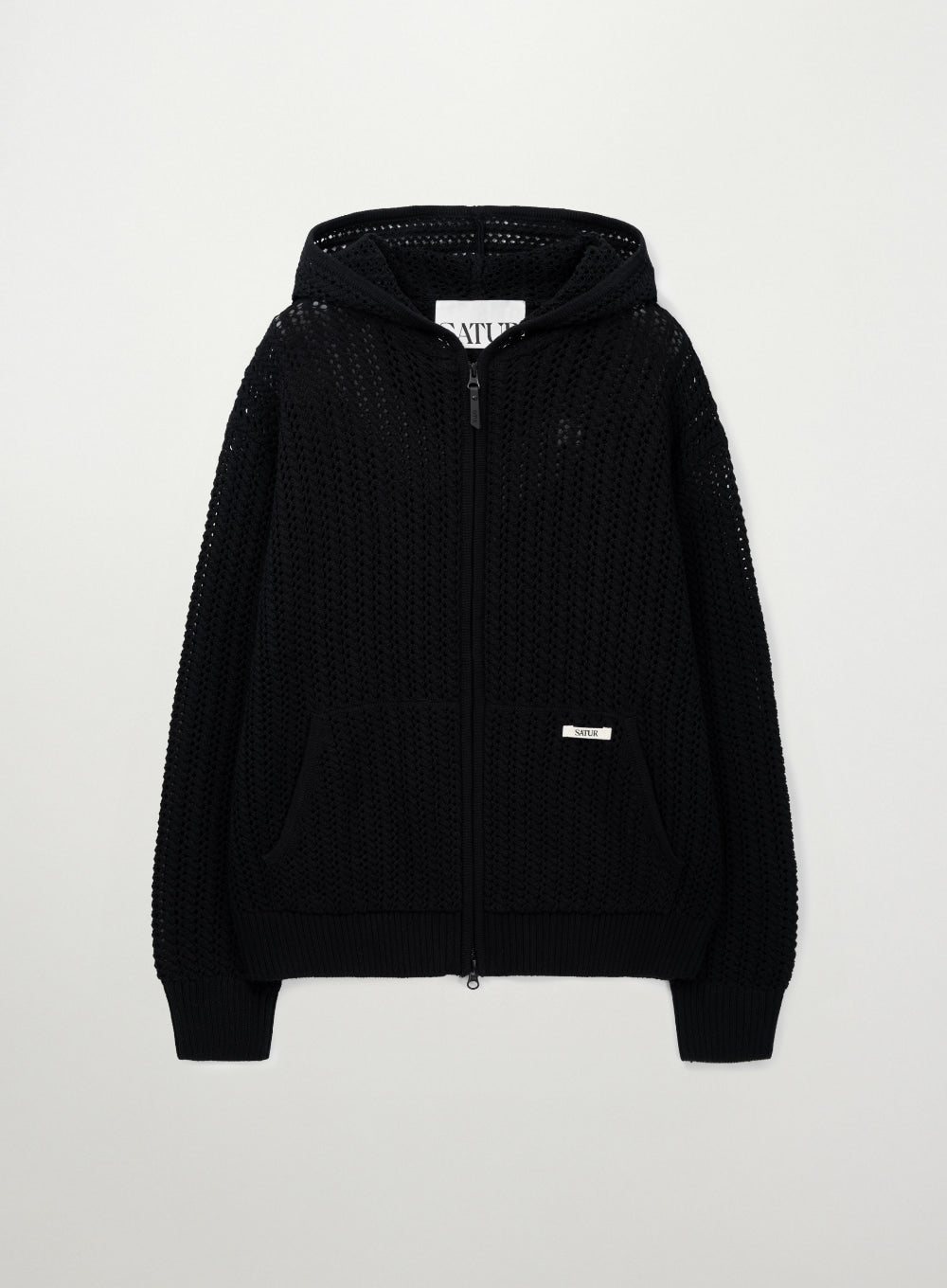 [SATUR] Crochet Knit Hood Zip-up - Black