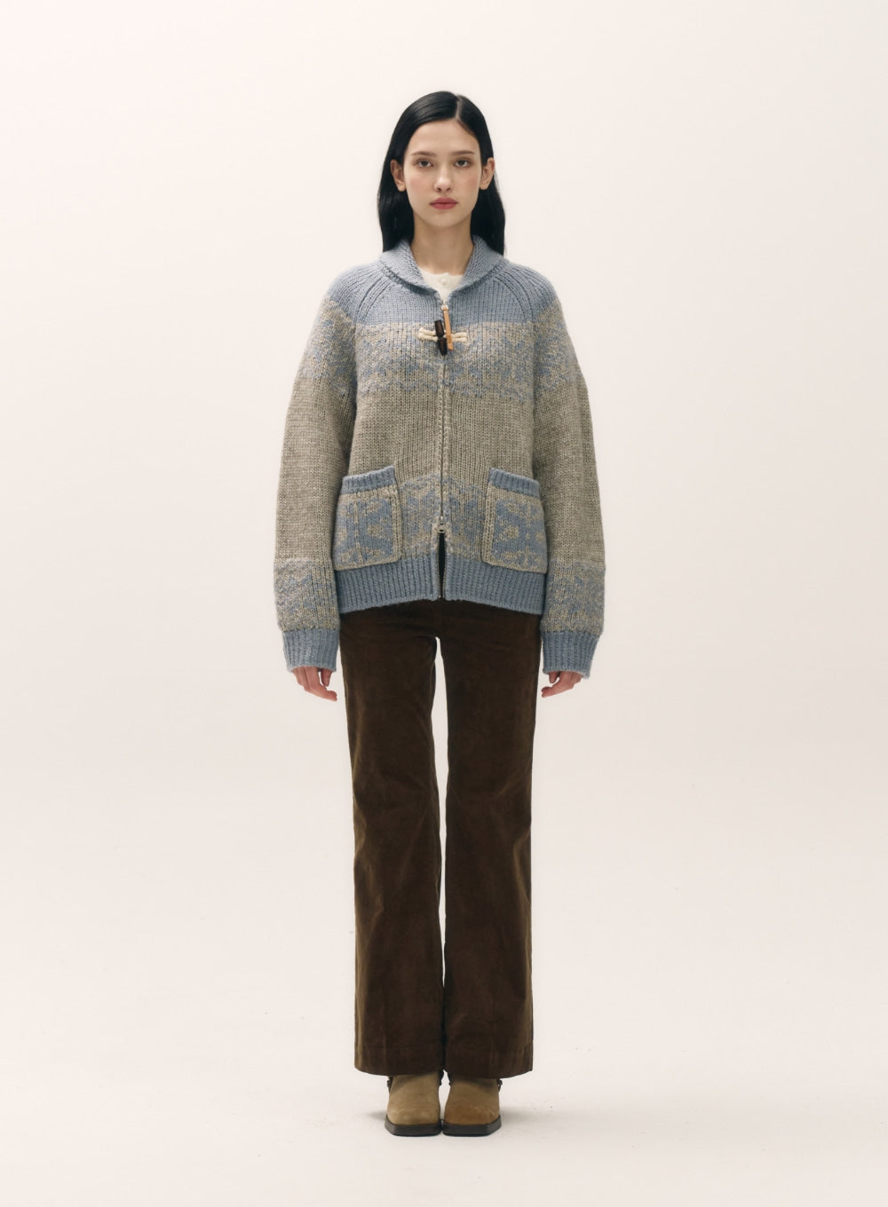 [satur] (W) Cowichan Knit Zip-up Cardigan - Sky Blue