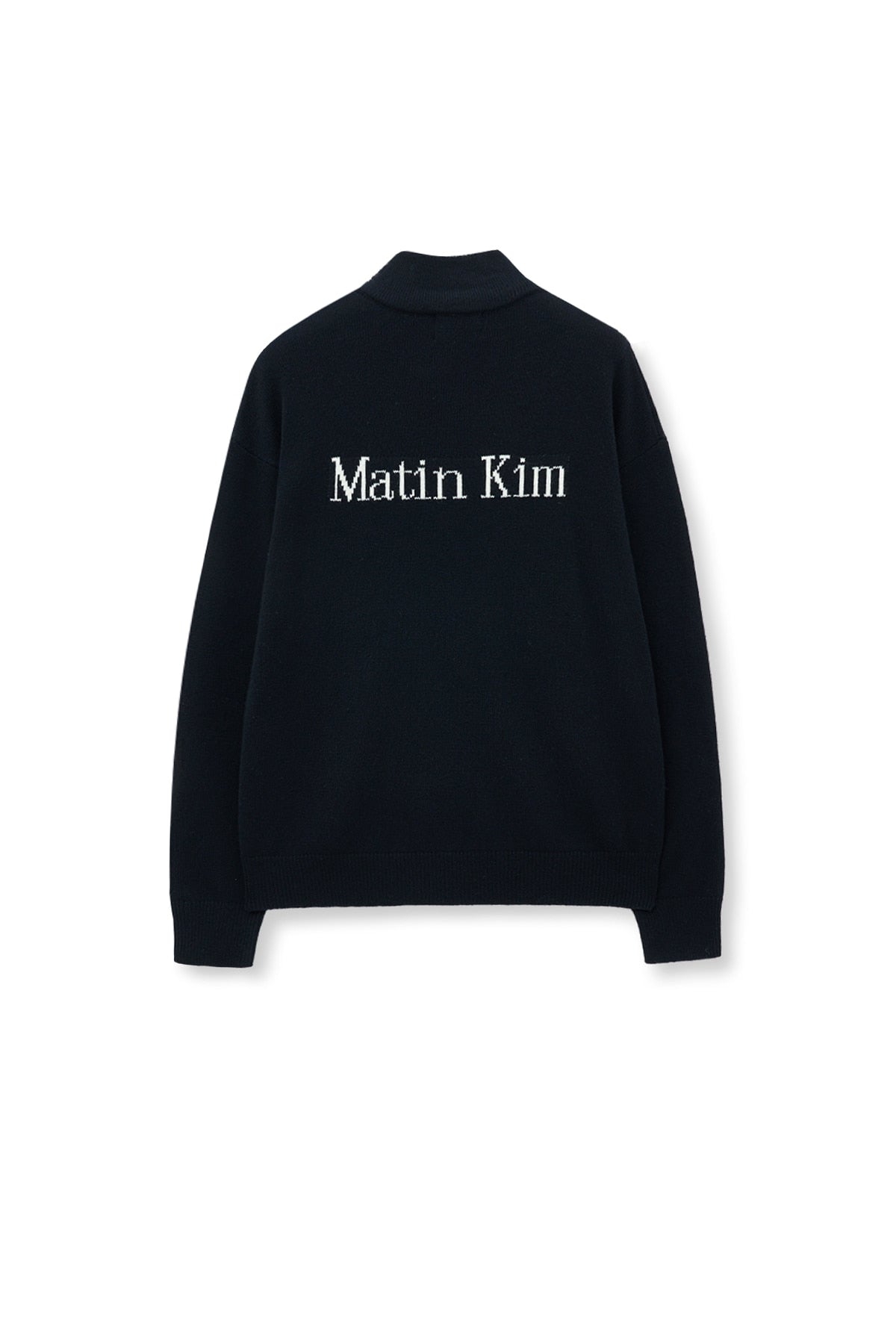 [matinkim] BACK LOGO HALF KNIT ZIP UP PULLOVER FOR MEN IN NAVY