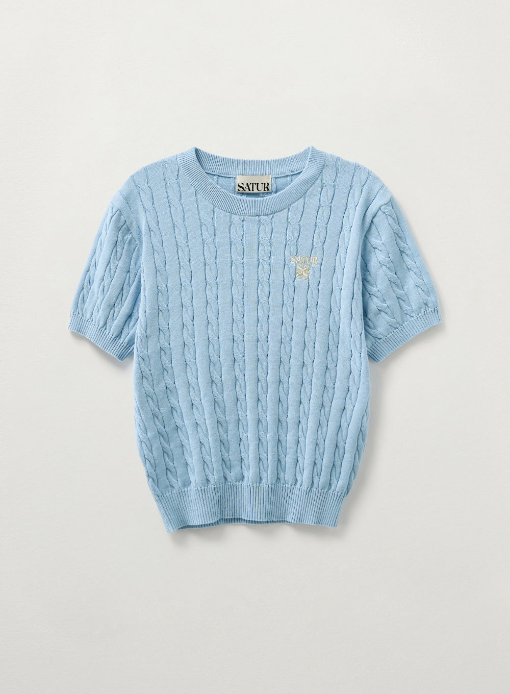 [satur] (W) Cable Crew Neck Half Knit - Sky Blue