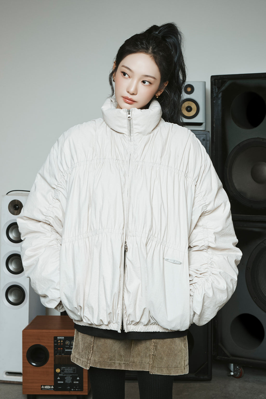 [matinkim] HIGH NECK SHIRRING DOWN JUMPER IN LIGHT BEIGE