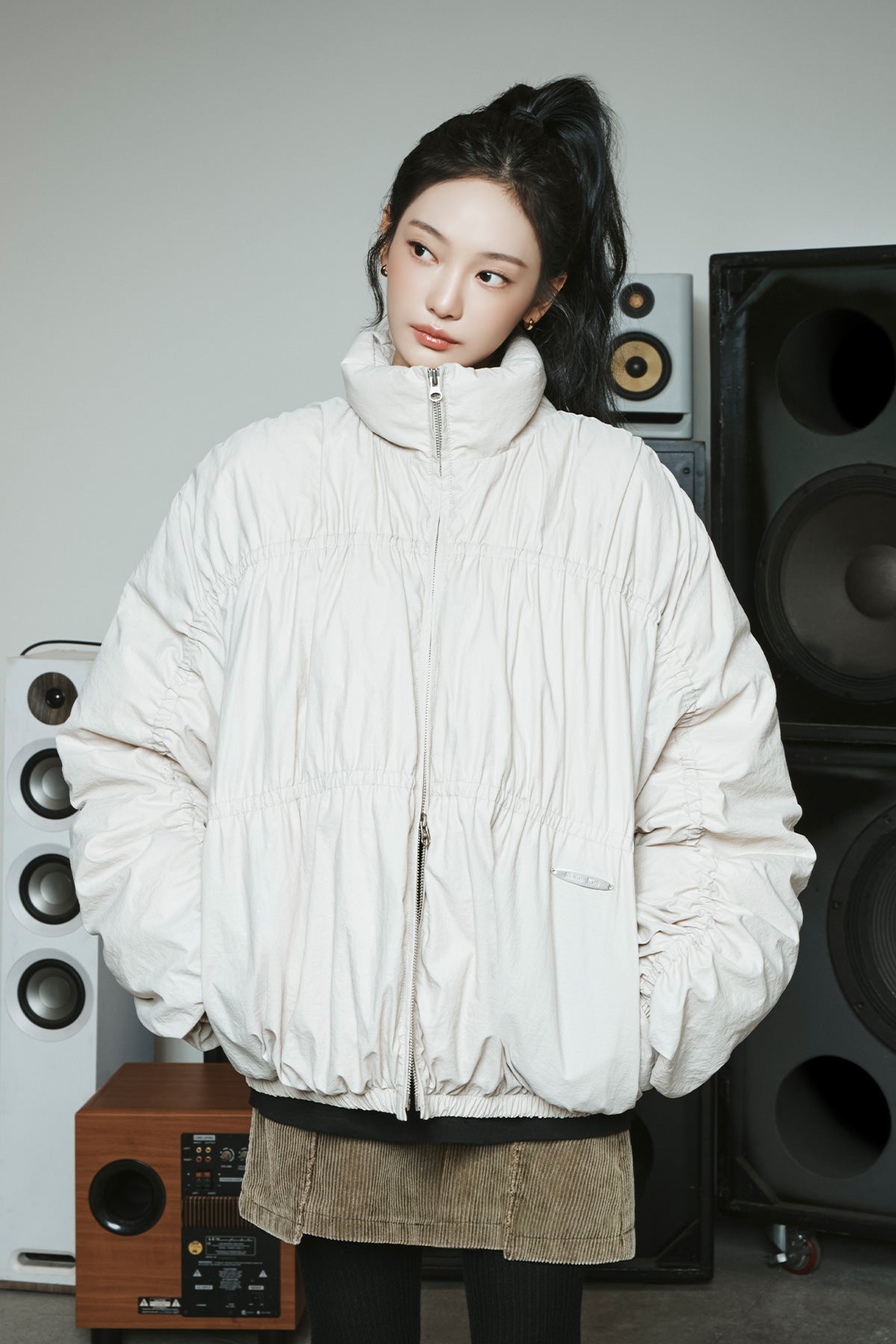 [matinkim] HIGH NECK SHIRRING DOWN JUMPER IN LIGHT BEIGE
