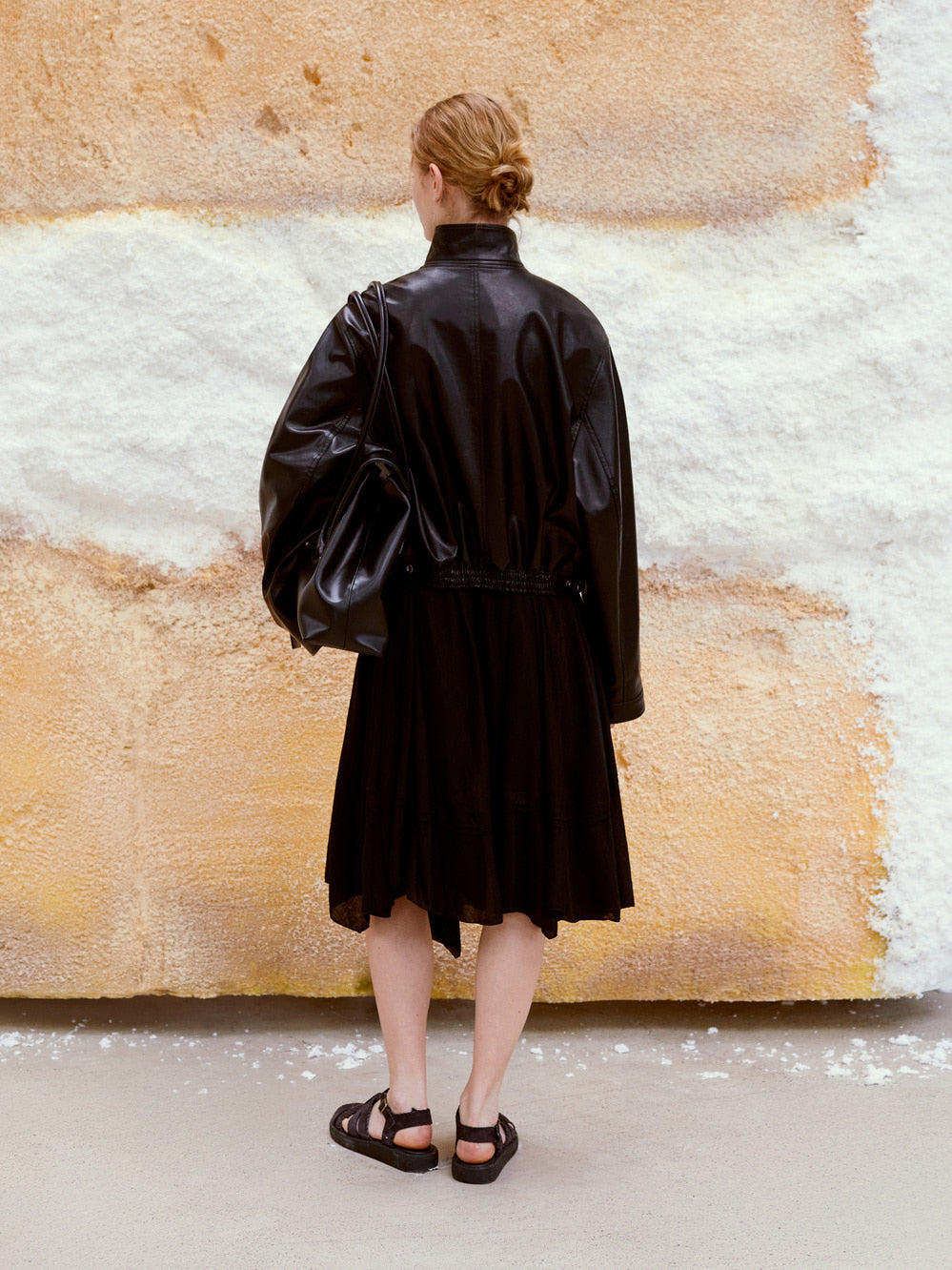 [Low Classic] Stand Collar Artificial Leather Jumper_Black